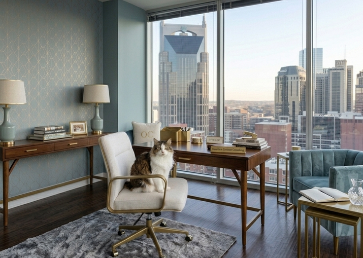 Ferris Mewler, Chief of Operations at ClearStem Systems, holding down the desk with the Nashville skyline behind him